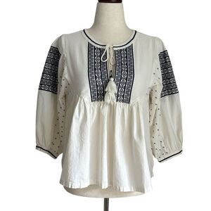 Lucky Brand White Boho Peasant Top Size M Embroidered Tassel Blouse